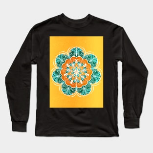 Blue, Orange & Yellow Flower Mandala Long Sleeve T-Shirt